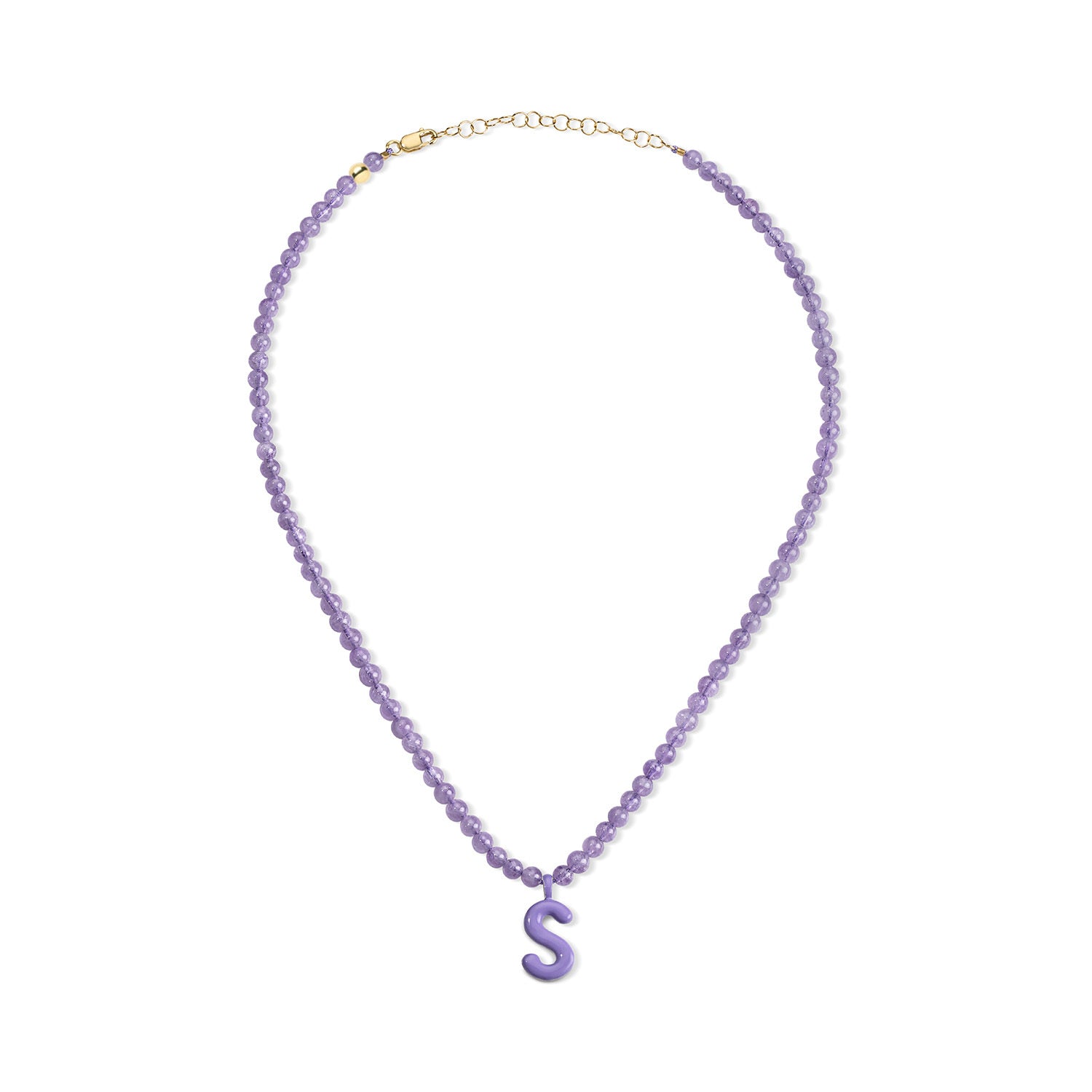 Purple Bead Necklace with Enamel Bubble Initial