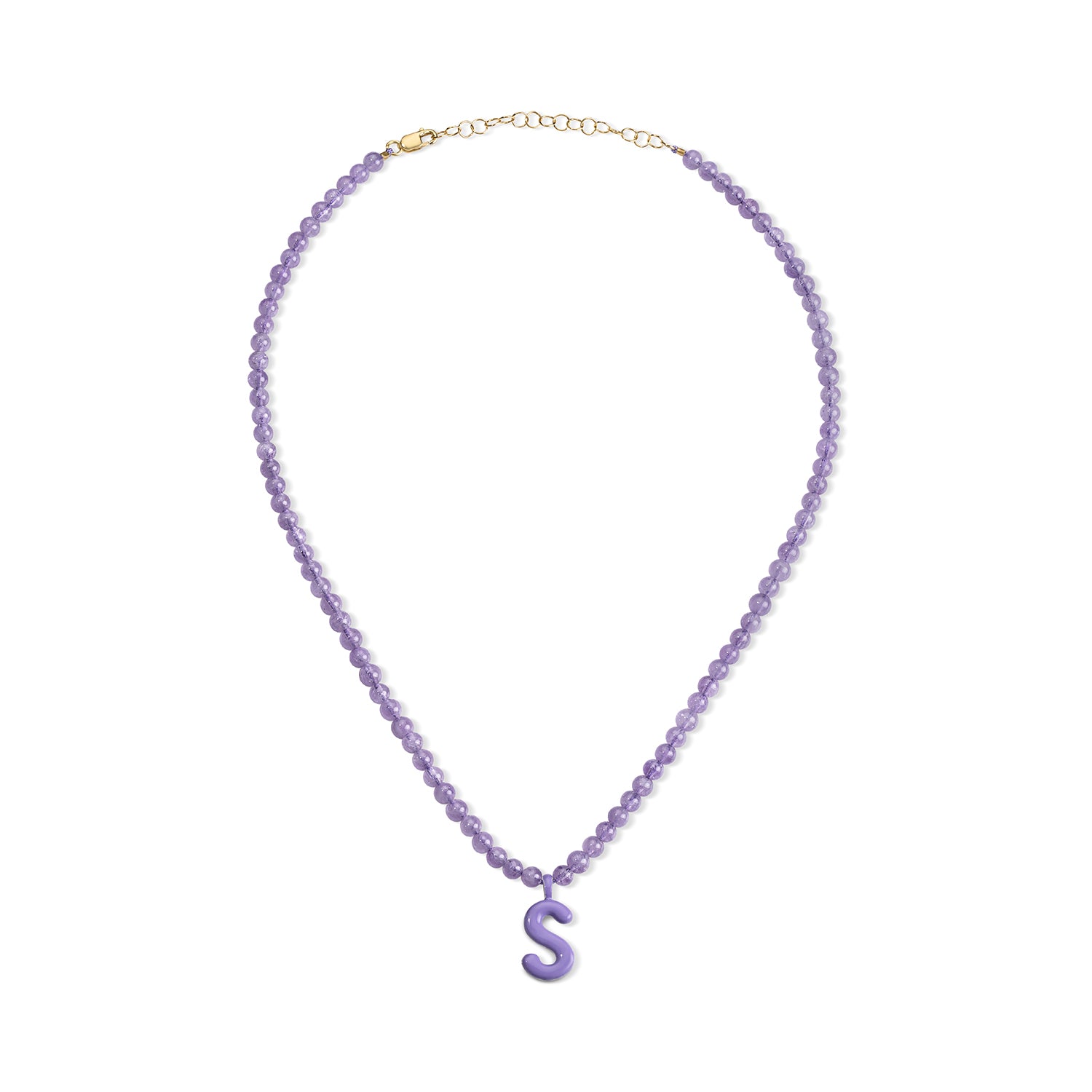 Purple Bead Necklace with Enamel Bubble Initial