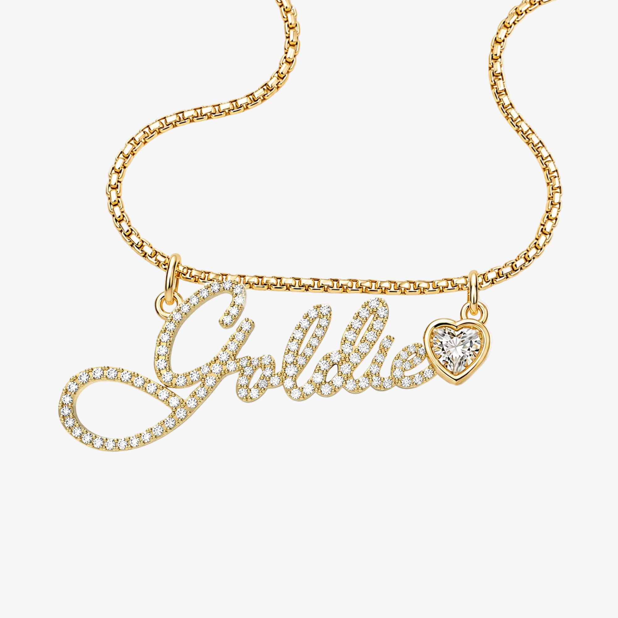 Love Letter Pave Script Necklace with Bezel Heart 14K Yellow Gold 16in