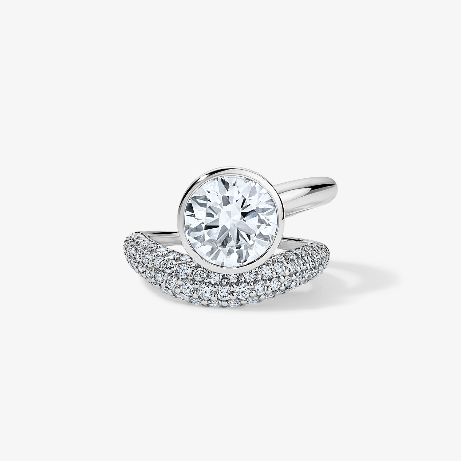 Round Brilliant Pave Domed Band and a Half Engagement Ring