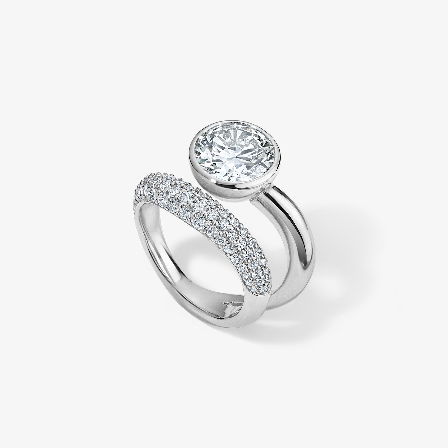 Round Brilliant Pave Domed Band and a Half Engagement Ring