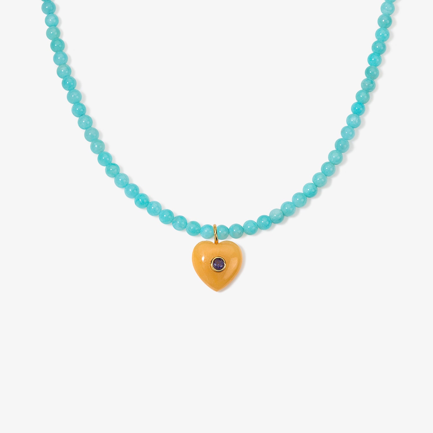 Kendall Amazonite Beaded Necklace with Yellow Jade Heart Charm