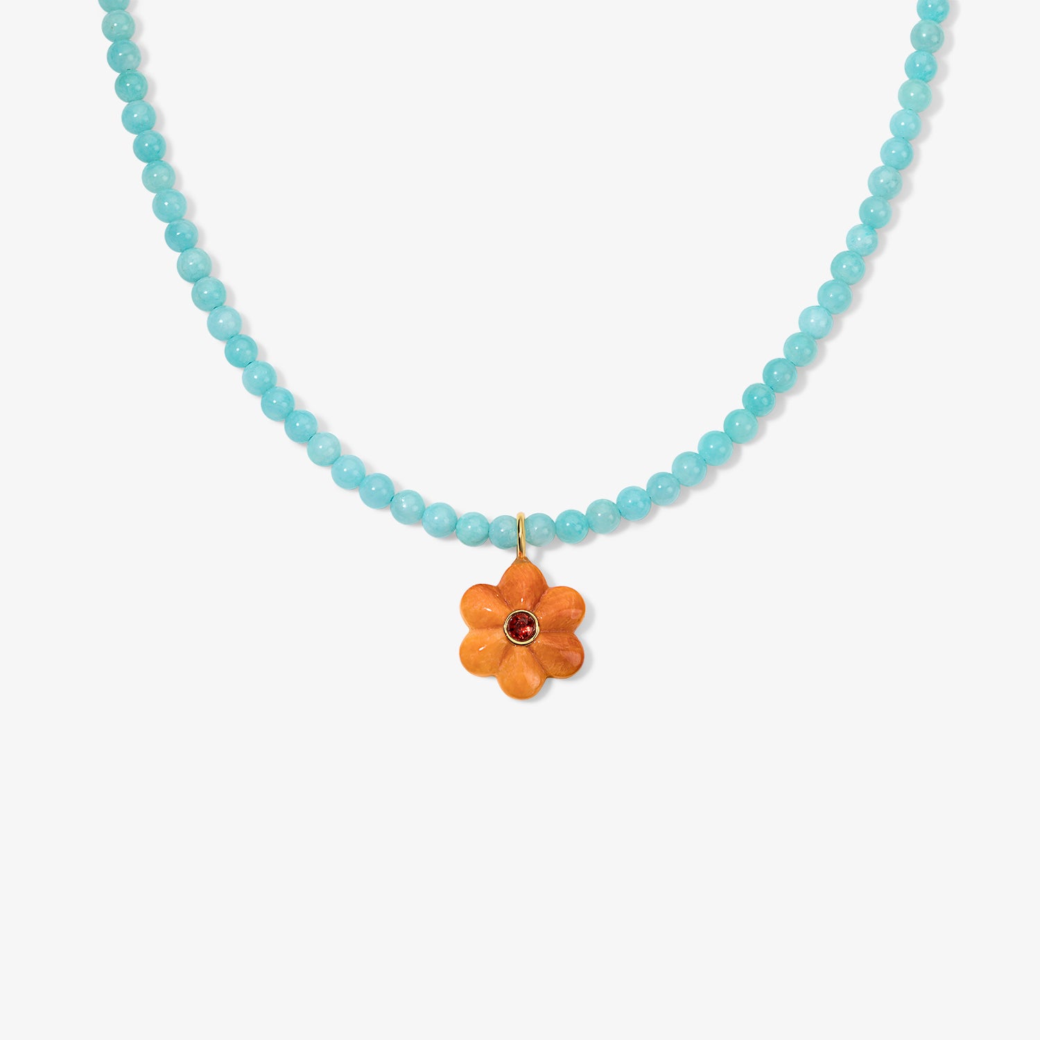 Kendall Amazonite Beaded Necklace with Orange Spiny Oyster Shell Flower Charm