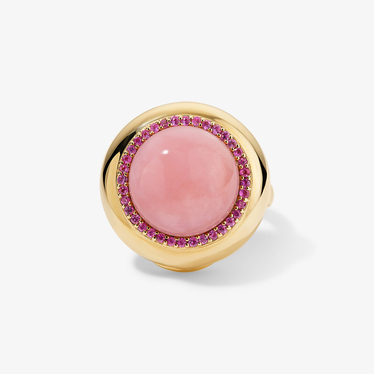 Large Pink Opal Candy Button Ring 14K Yellow Gold