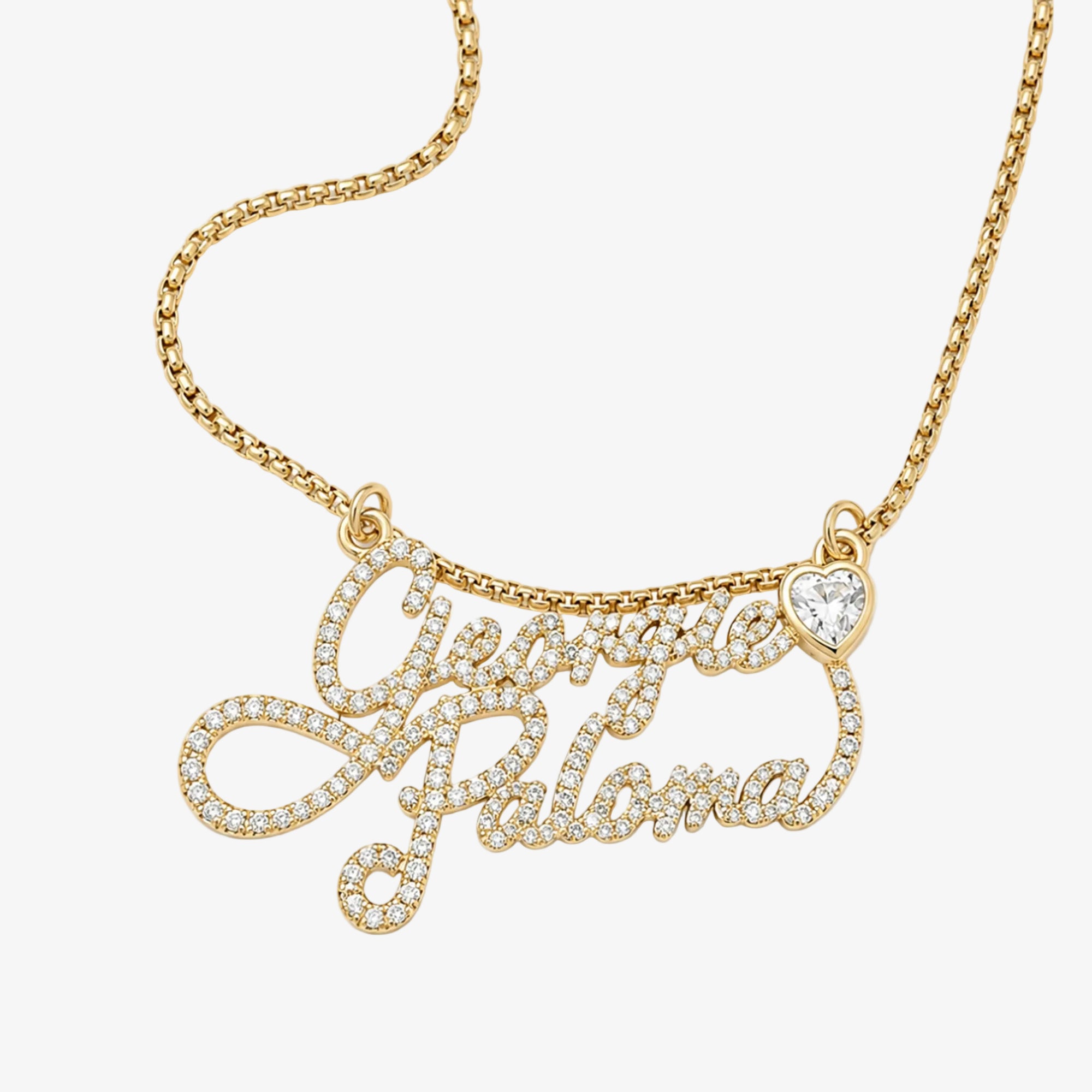 Love Letter Pave Script Two Name Necklace with Bezel Heart