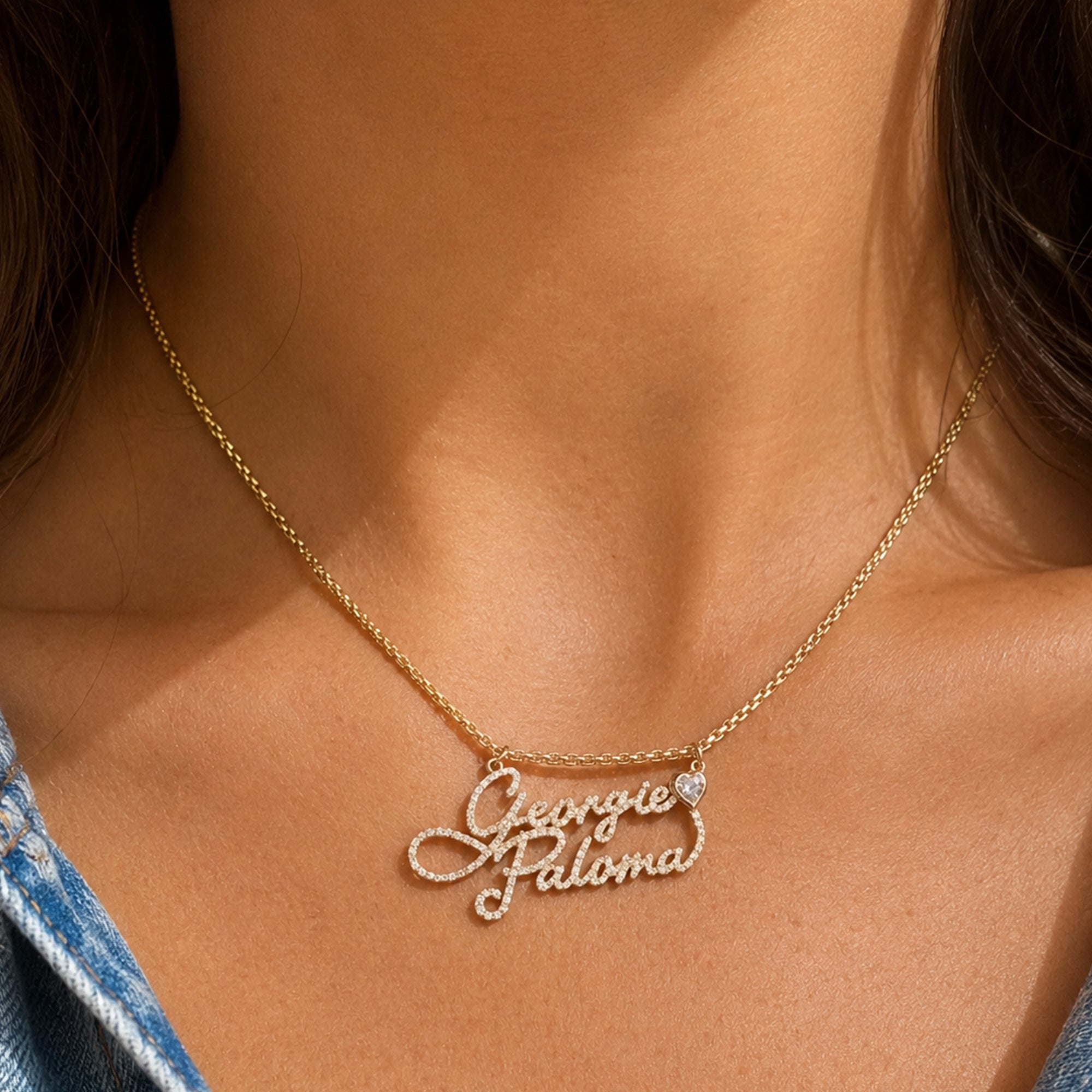 Love Letter Pave Script Two Name Necklace with Bezel Heart