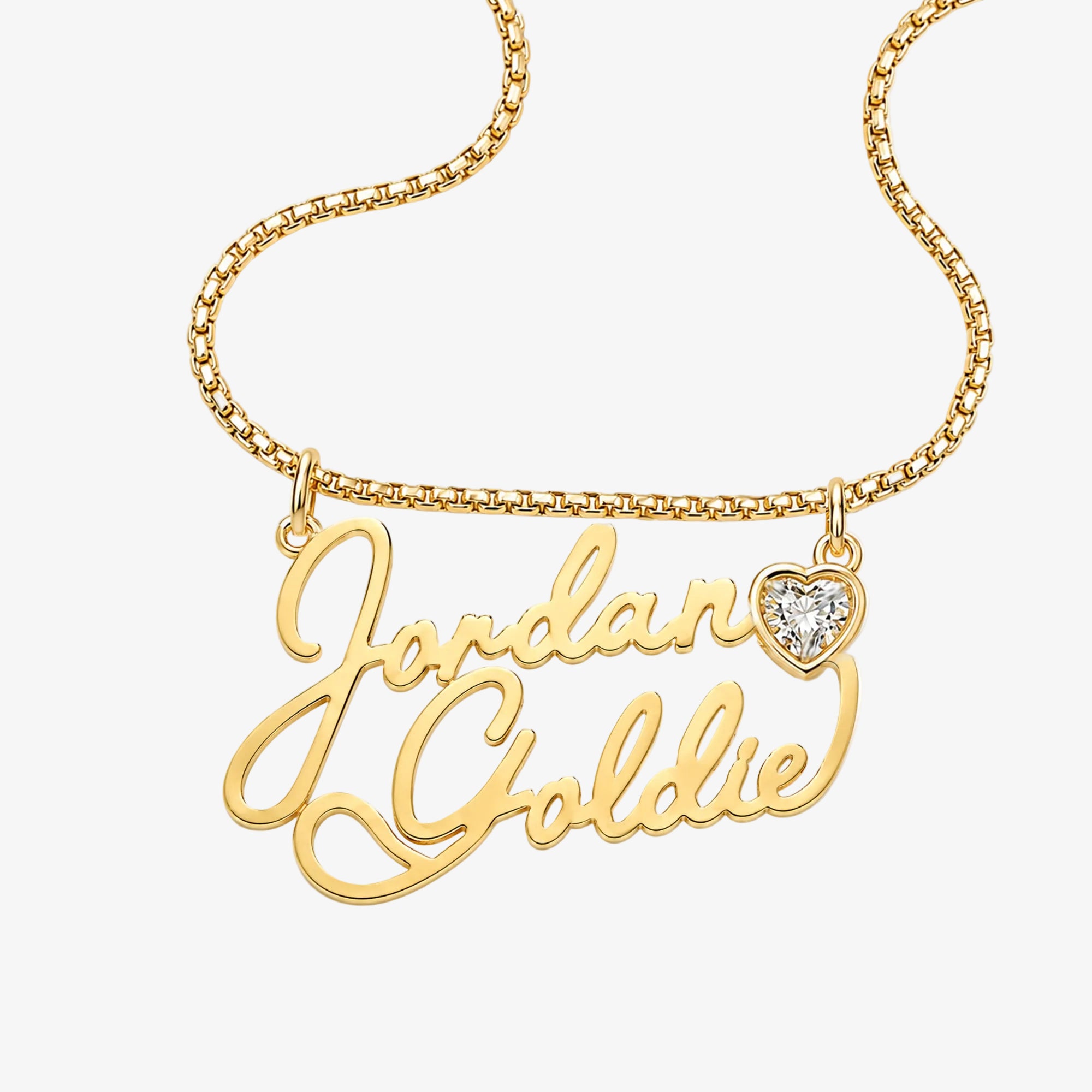 Love Letter Gold Script Two Name Necklace with Bezel Heart 14K Yellow Gold 16in