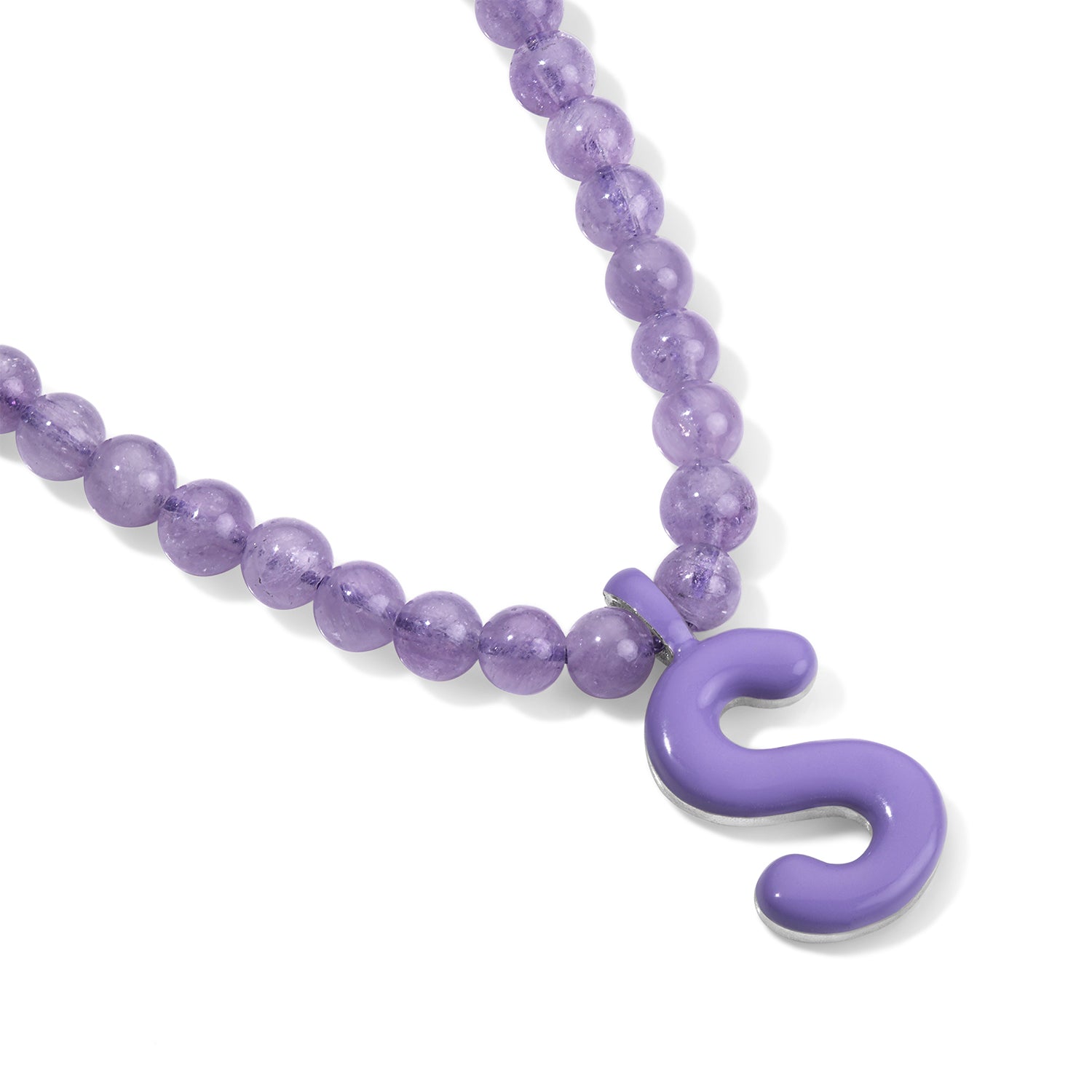 Purple Bead Necklace with Enamel Bubble Initial