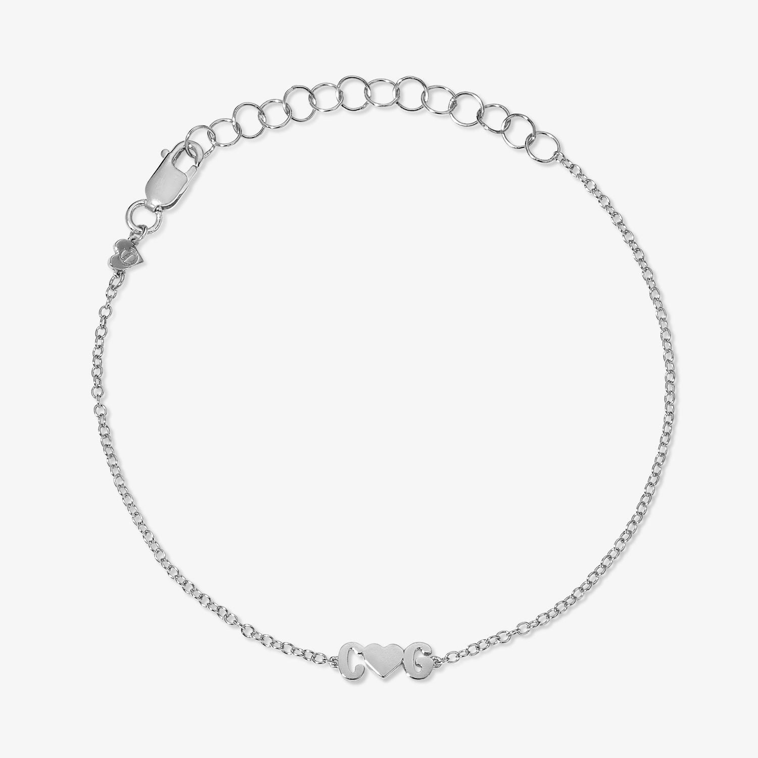 Petite Bubble Letters and Heart Bracelet 14K White Gold