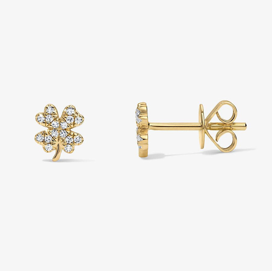 Mini Token Pave Four Leaf Clover Studs 14K Yellow Gold Pair