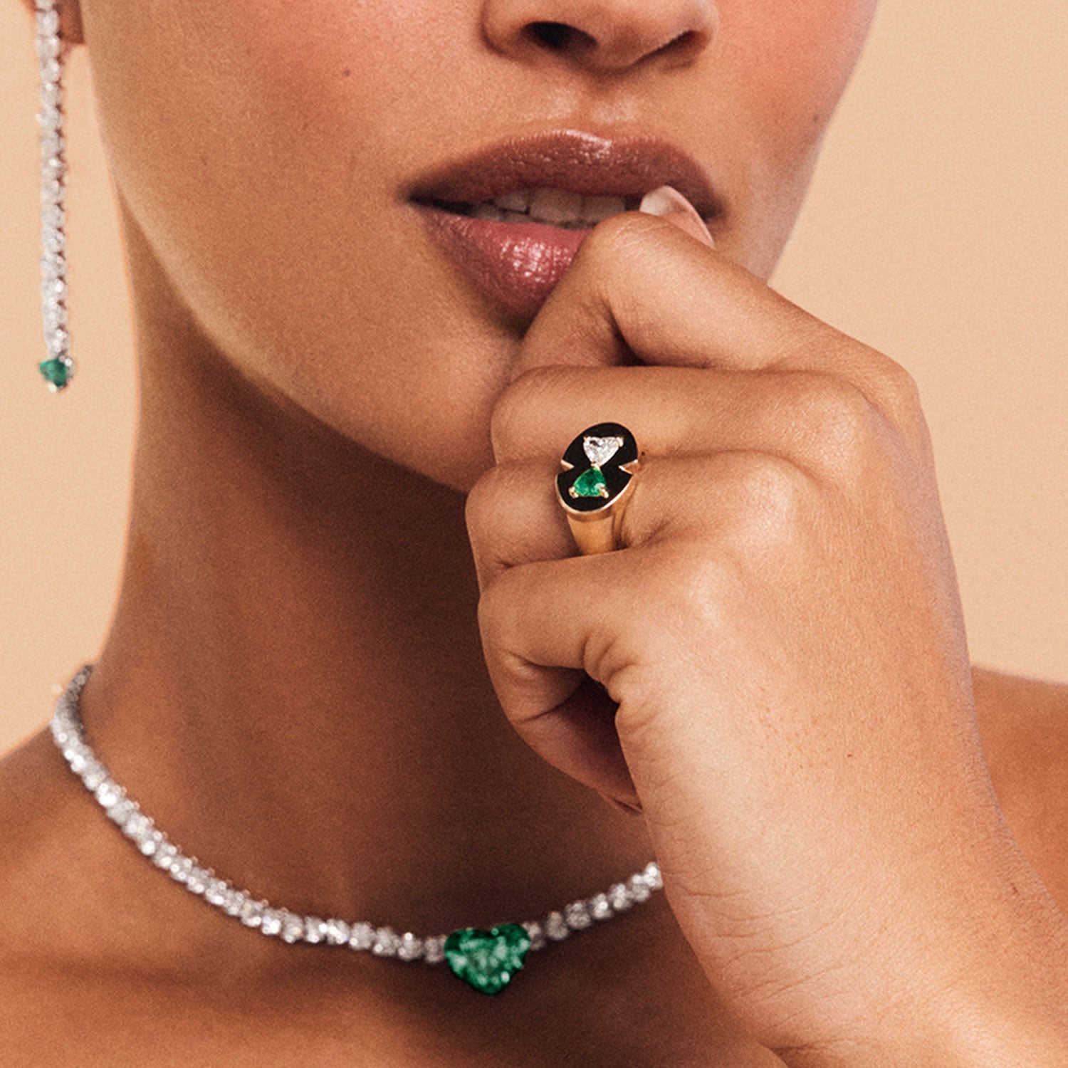 Emerald and Diamond Heart Signet Ring