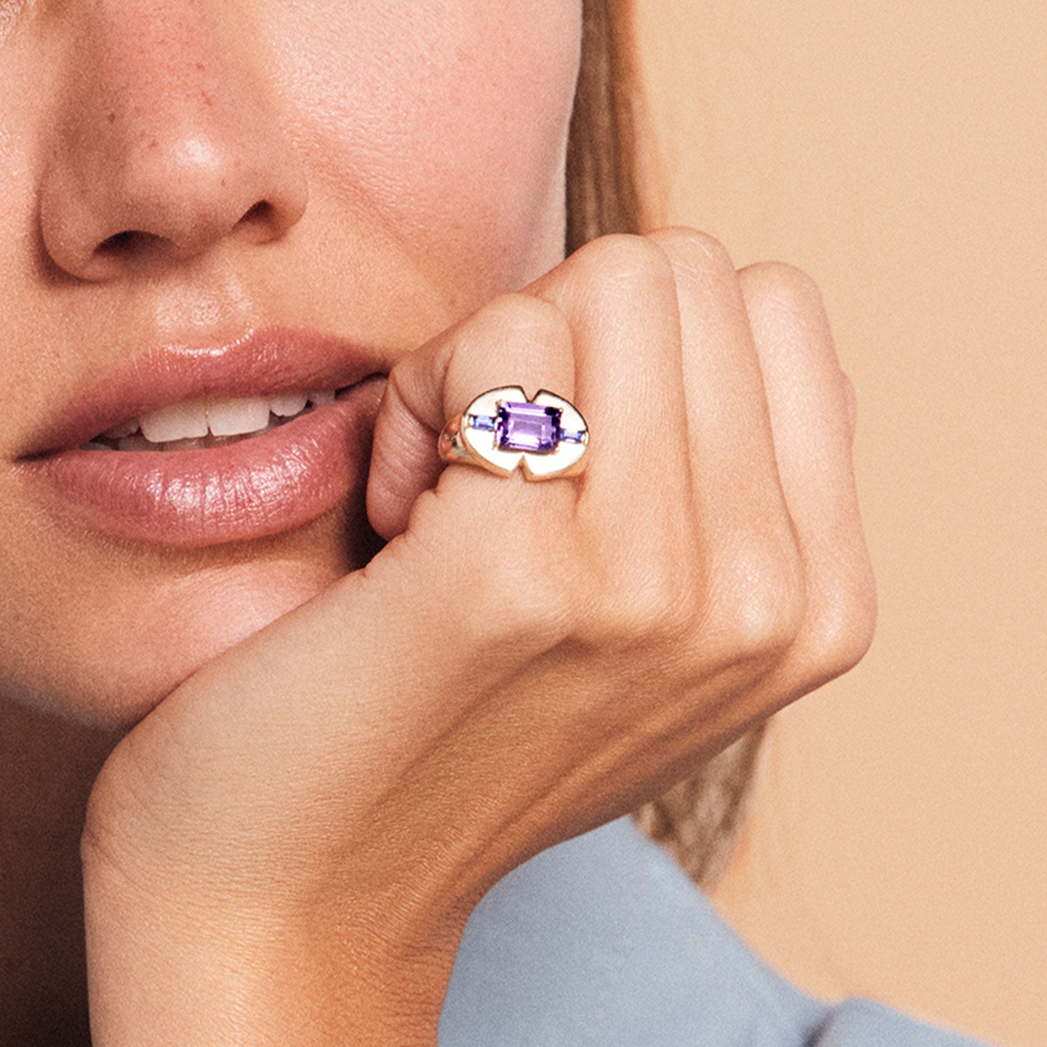 Amethyst Emerald Cut and Blue Sapphire Signet Ring