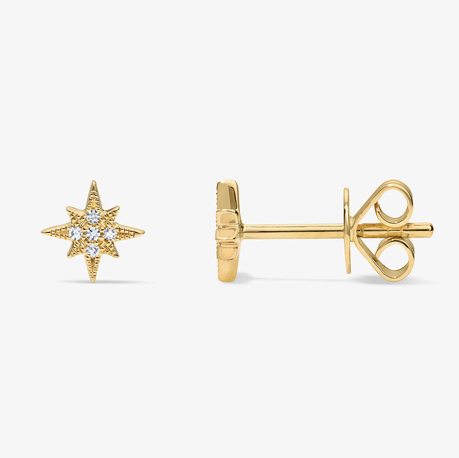 Mini Token Pave North Star Studs 14K Yellow Gold Pair