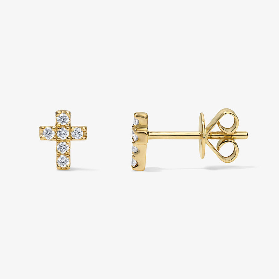 Mini Token Pave Cross Studs 14K Yellow Gold Pair