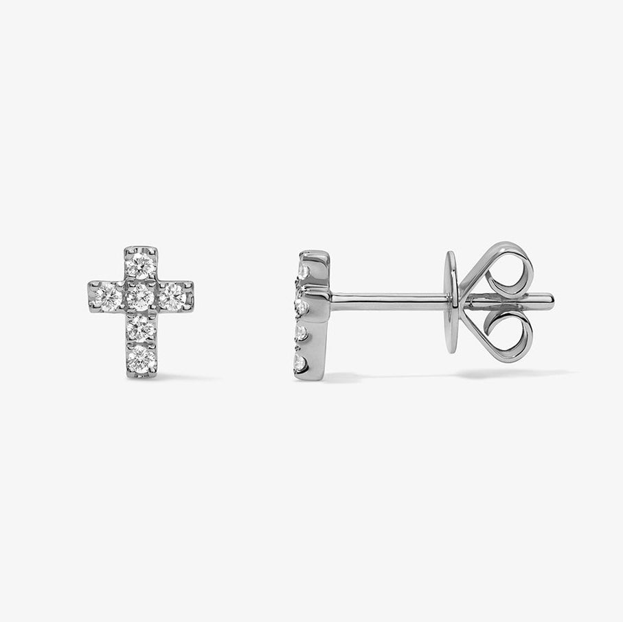 Mini Token Pave Cross Studs 14K White Gold Pair