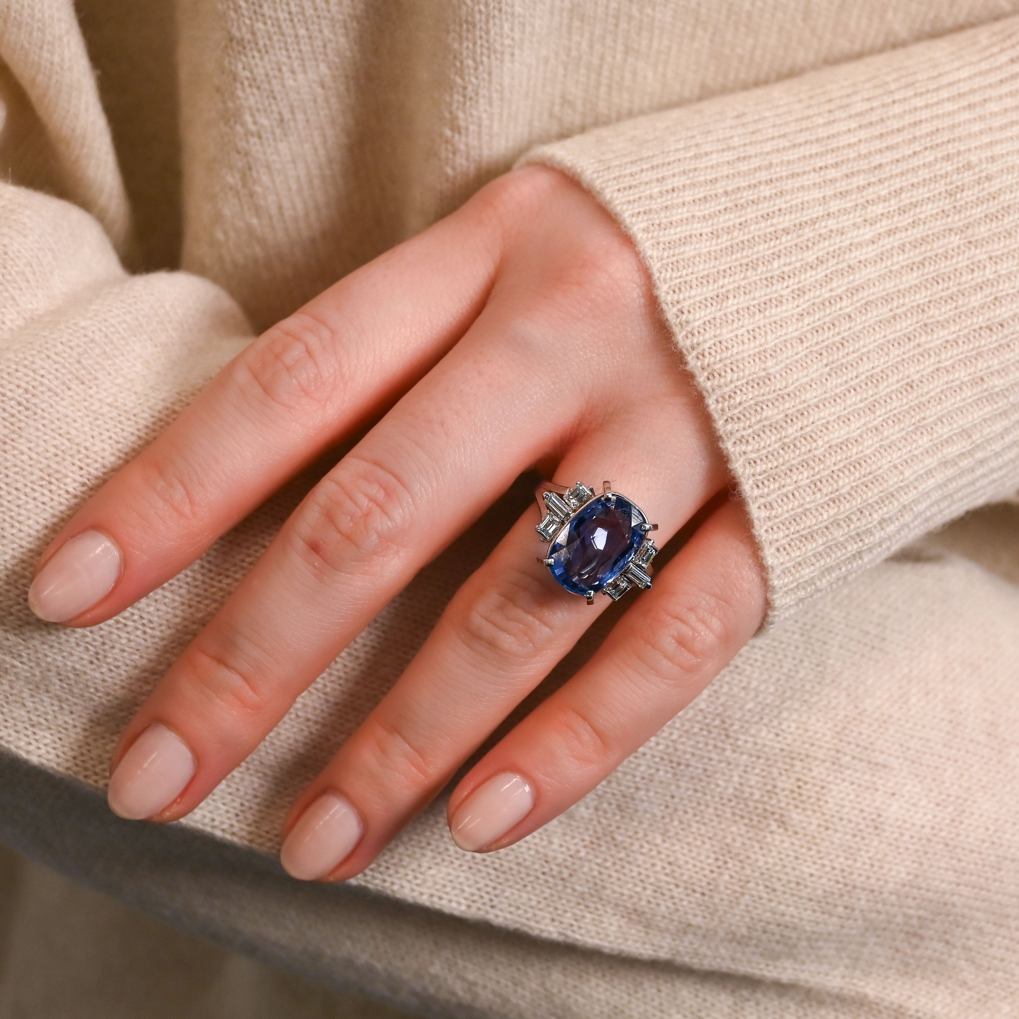 Vintage Oval Sapphire Ring with Diamond Baguettes