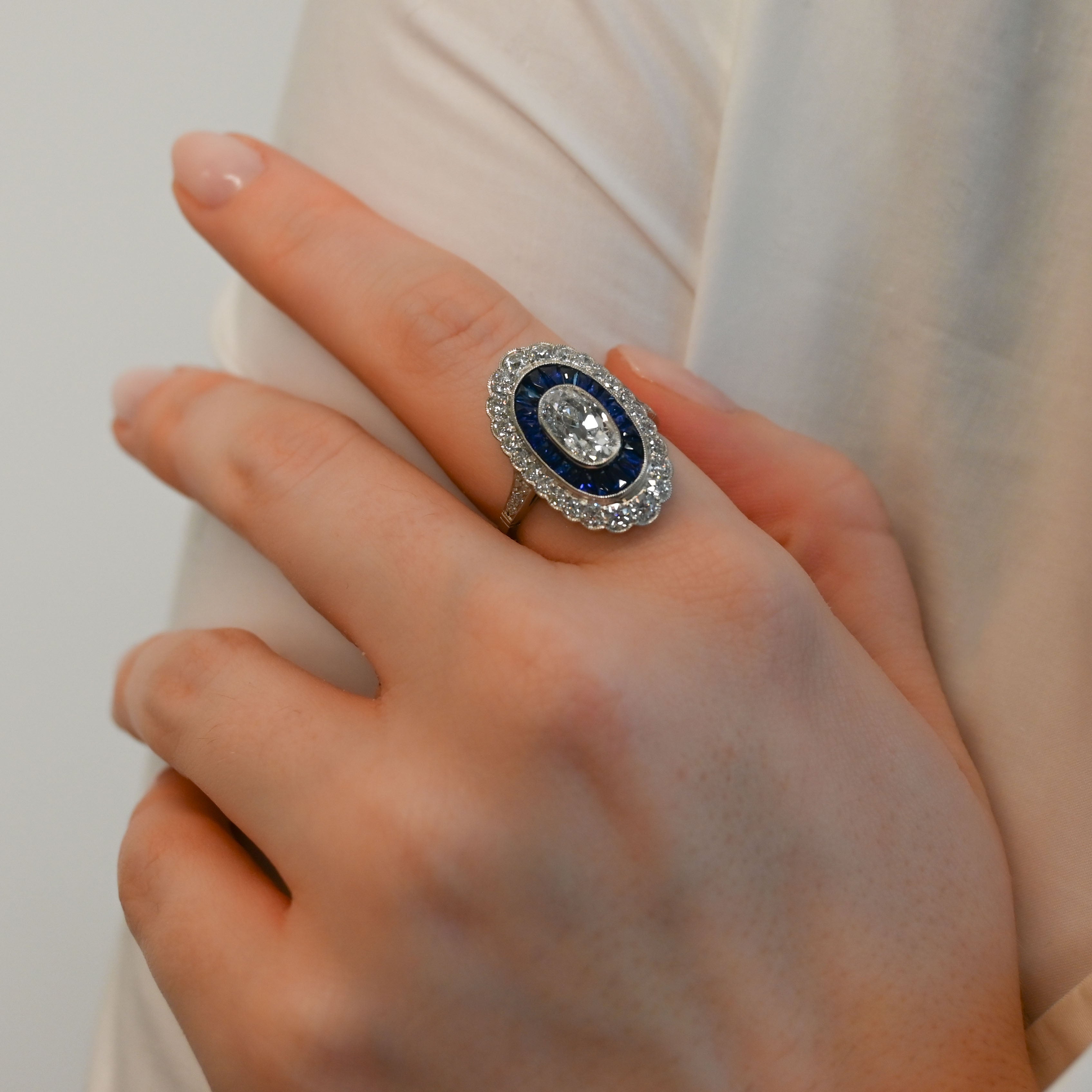 Art Deco Diamond and Blue Sapphire Oval Ring