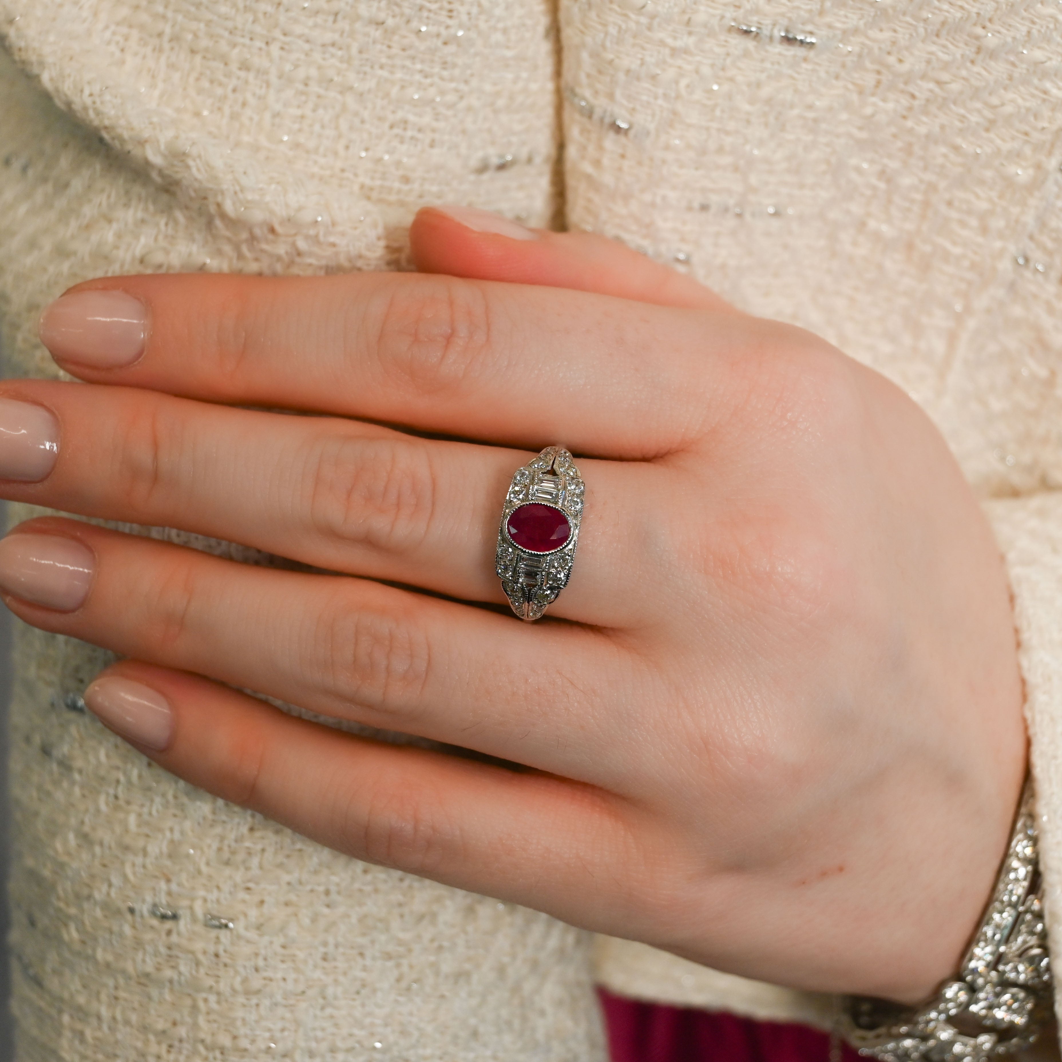 Pink Ruby Diamond Floral Inspire Ring, Milgrain top Set Round Diamond Ring, Wedding Engagement Ring, Anniversary Gift Ring, Mid-Century Ring