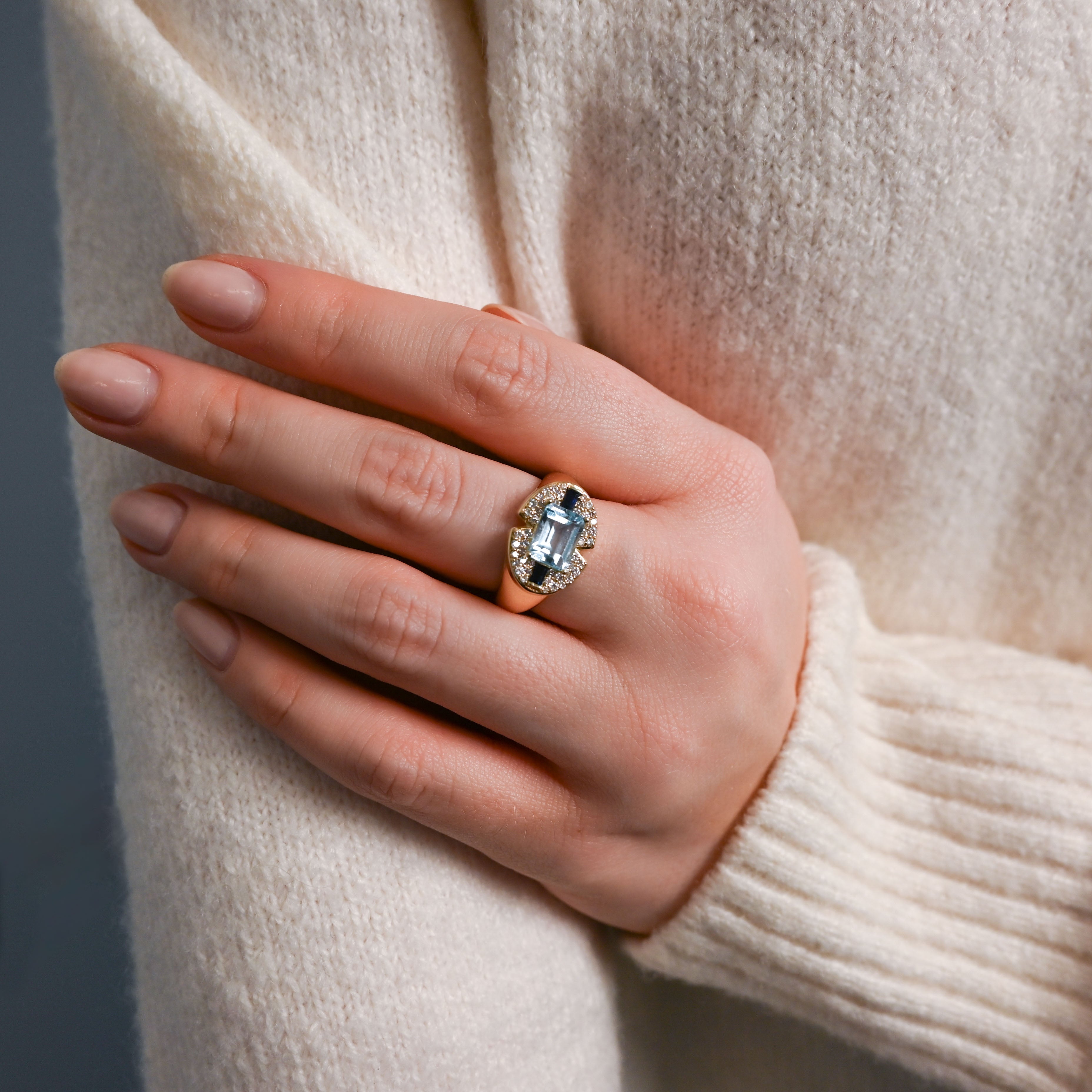 Blue Topaz Emerald Cut and Blue Sapphire Signet Ring with Diamond Pave