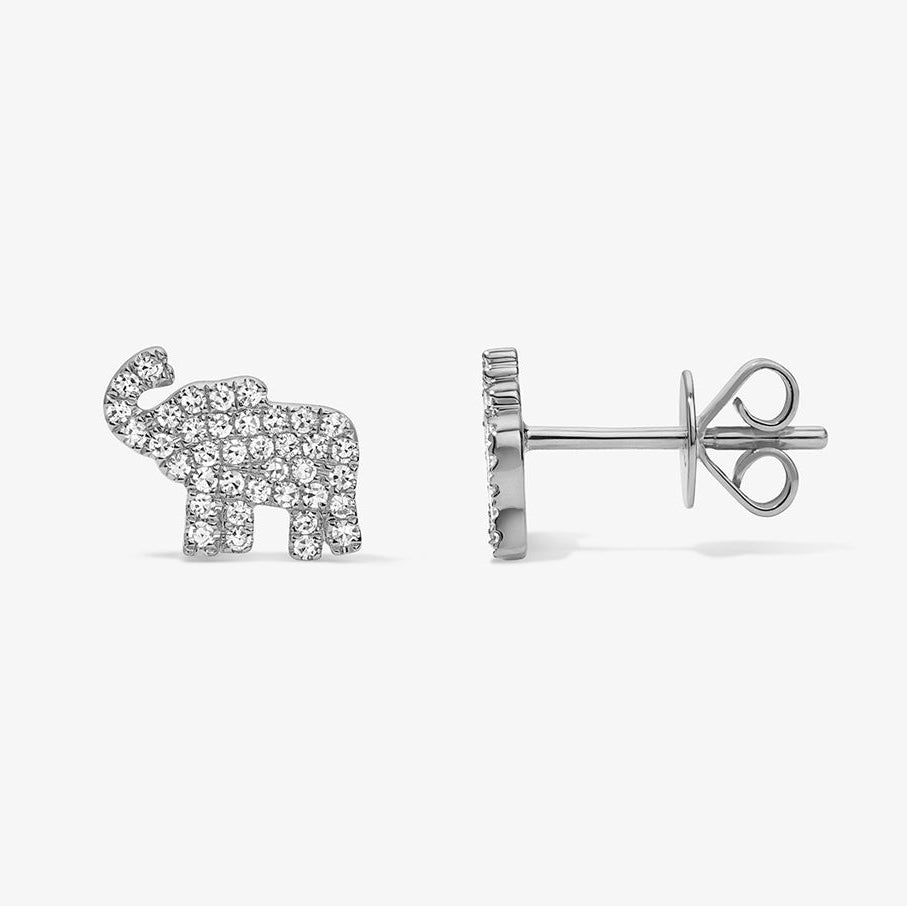 Mini Token Pave Elephant Studs 14K White Gold Pair