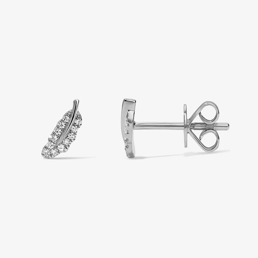 Mini Token Pave Feather Studs 14K White Gold Pair
