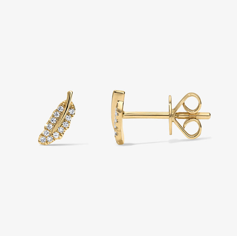 Mini Token Pave Feather Studs 14K Yellow Gold Pair