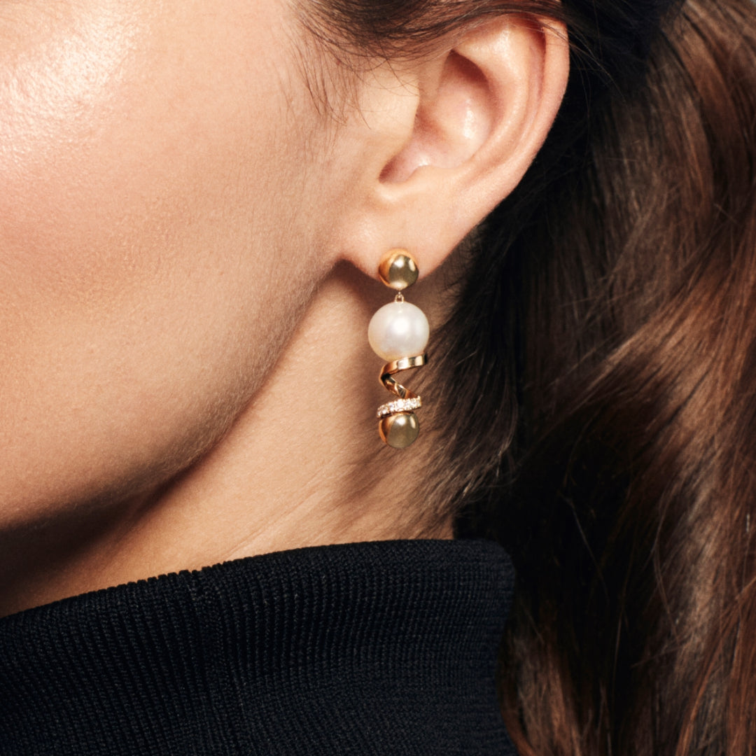 Gold and Pearl Triple Drop Earrings with Pave