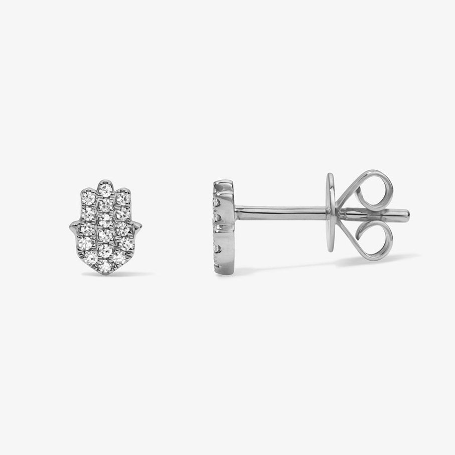 Mini Token Pave Hamsa Studs 14K White Gold Pair