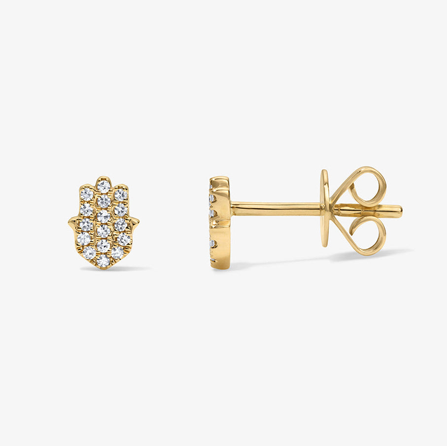 Mini Token Pave Hamsa Studs 14K Yellow Gold Pair