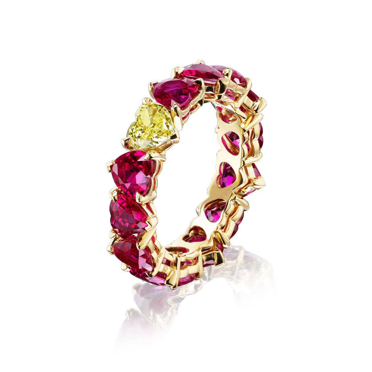 Heart Shaped Burmese Ruby and Fancy Yellow Diamond Eternity Band