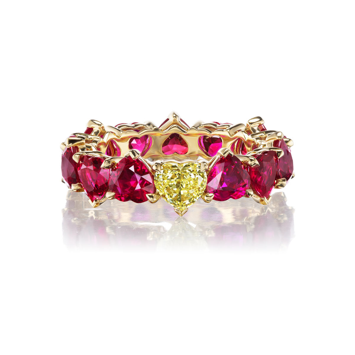 Heart Shaped Burmese Ruby and Fancy Yellow Diamond Eternity Band