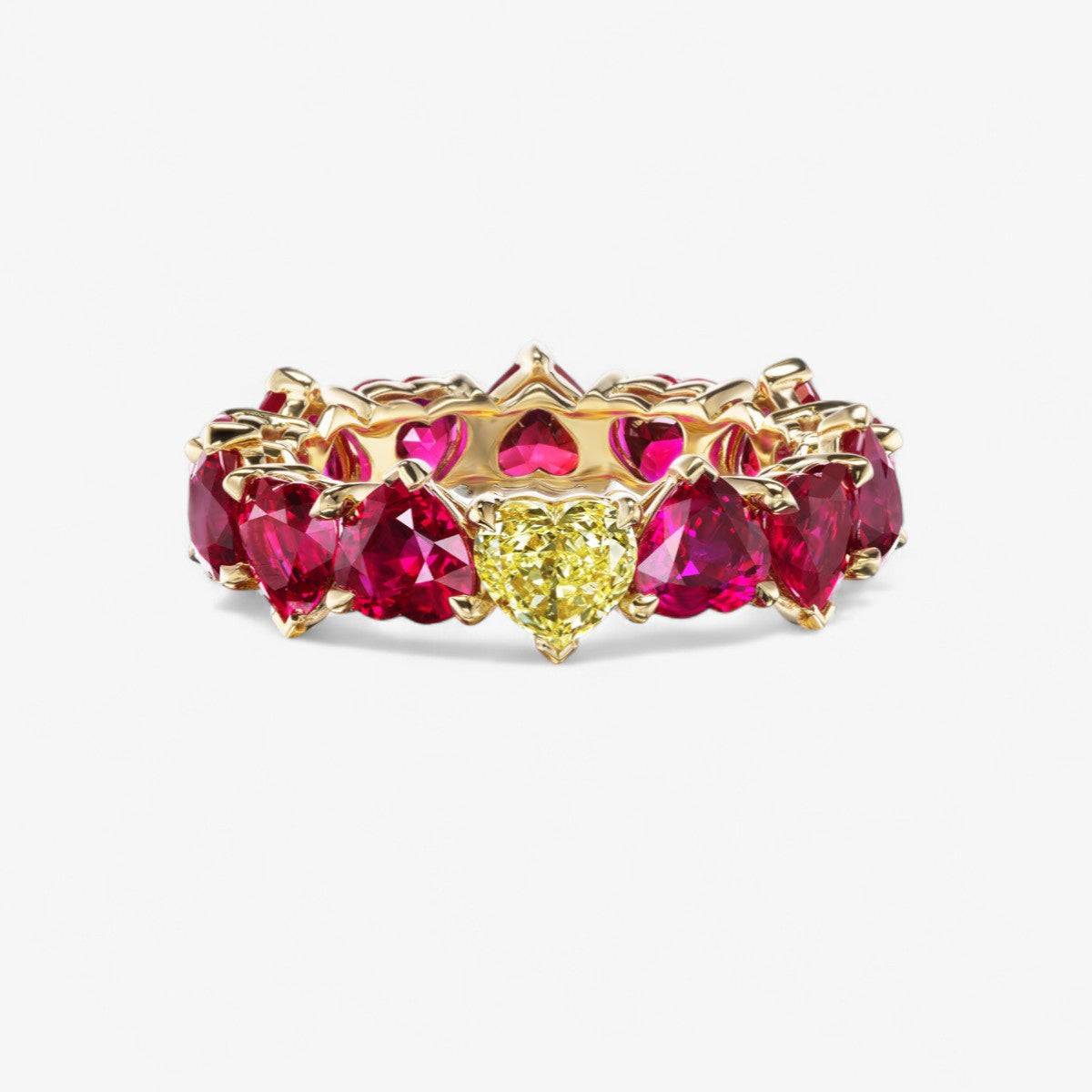 Heart Shaped Burmese Ruby and Fancy Yellow Diamond Eternity Band