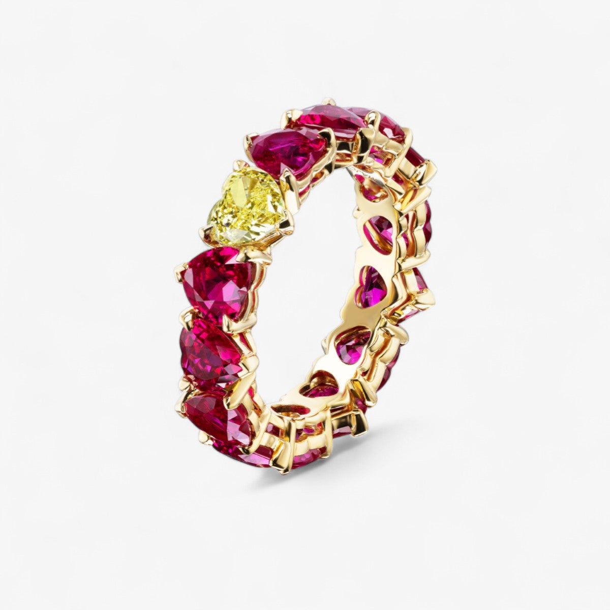Heart Shaped Burmese Ruby and Fancy Yellow Diamond Eternity Band