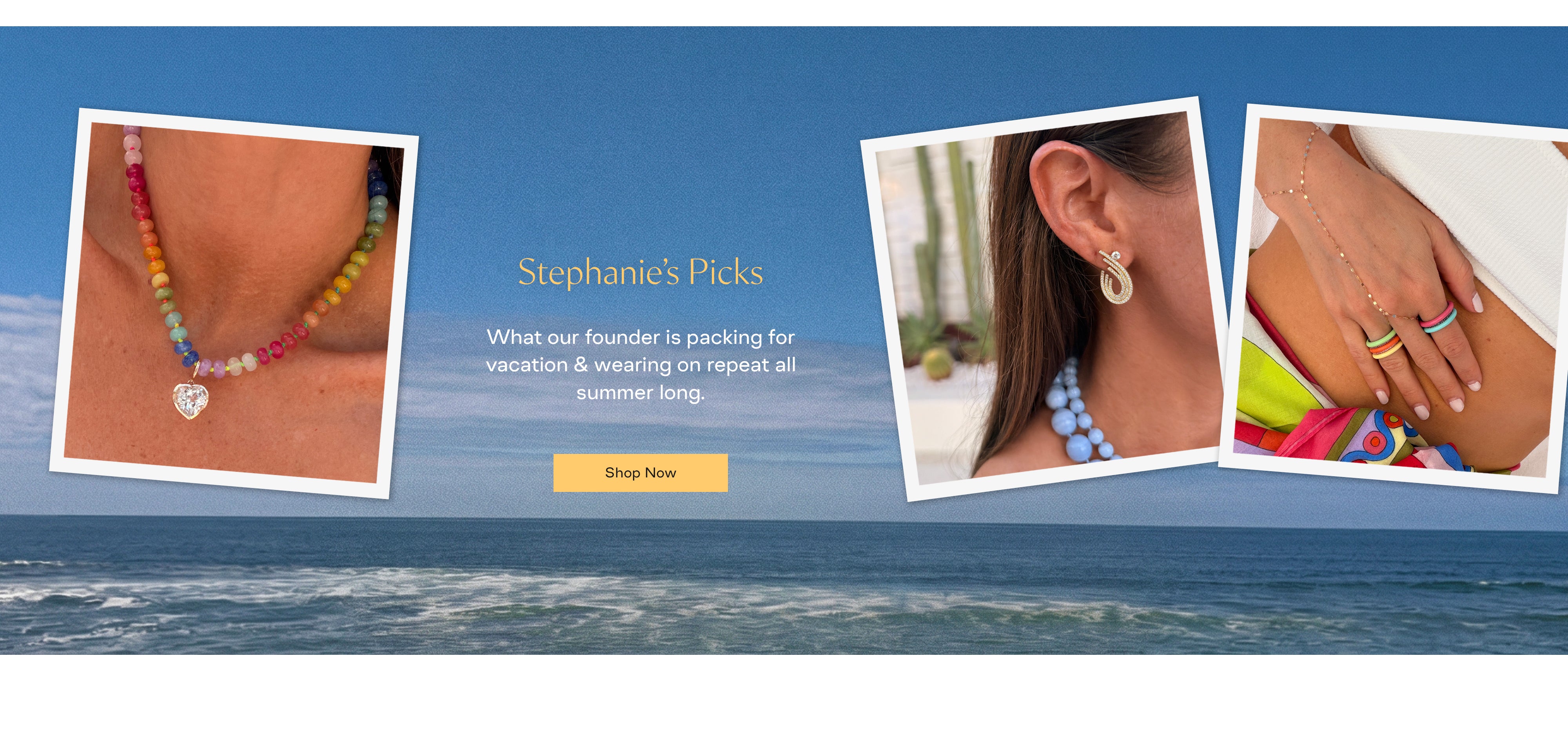 Stephanie wearing beads, pave earrings, gold hand chain and enamel colorful stack rings