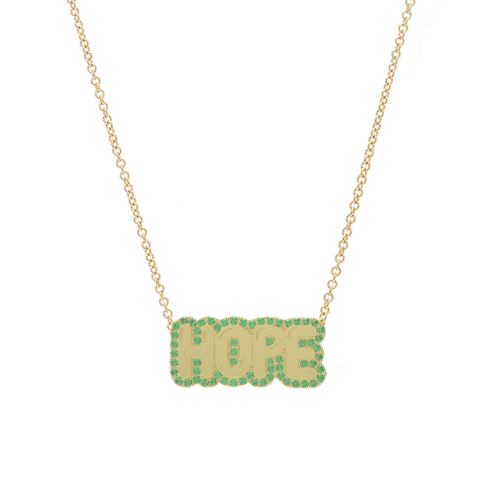 Large Bubble Necklace with Green Tsavorite Outline "HOPE"