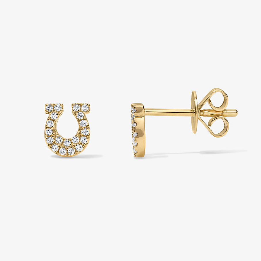 Mini Token Pave Horseshoe Studs 14K Yellow Gold Pair