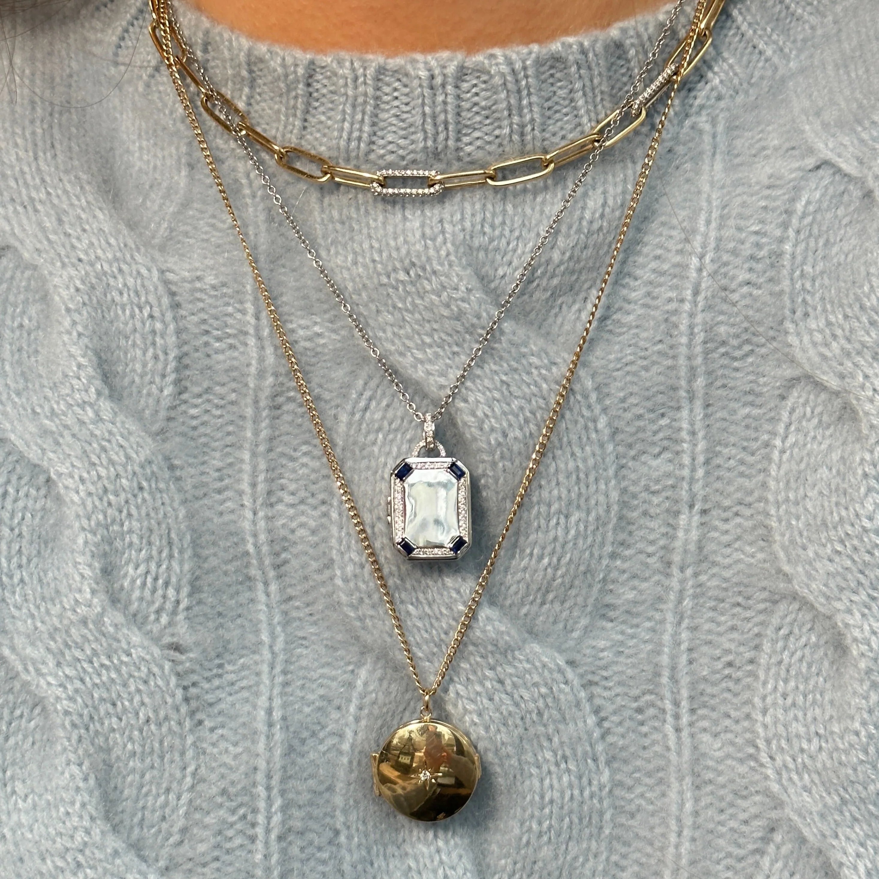 Medium Round Diamond Locket Curb Chain Necklace