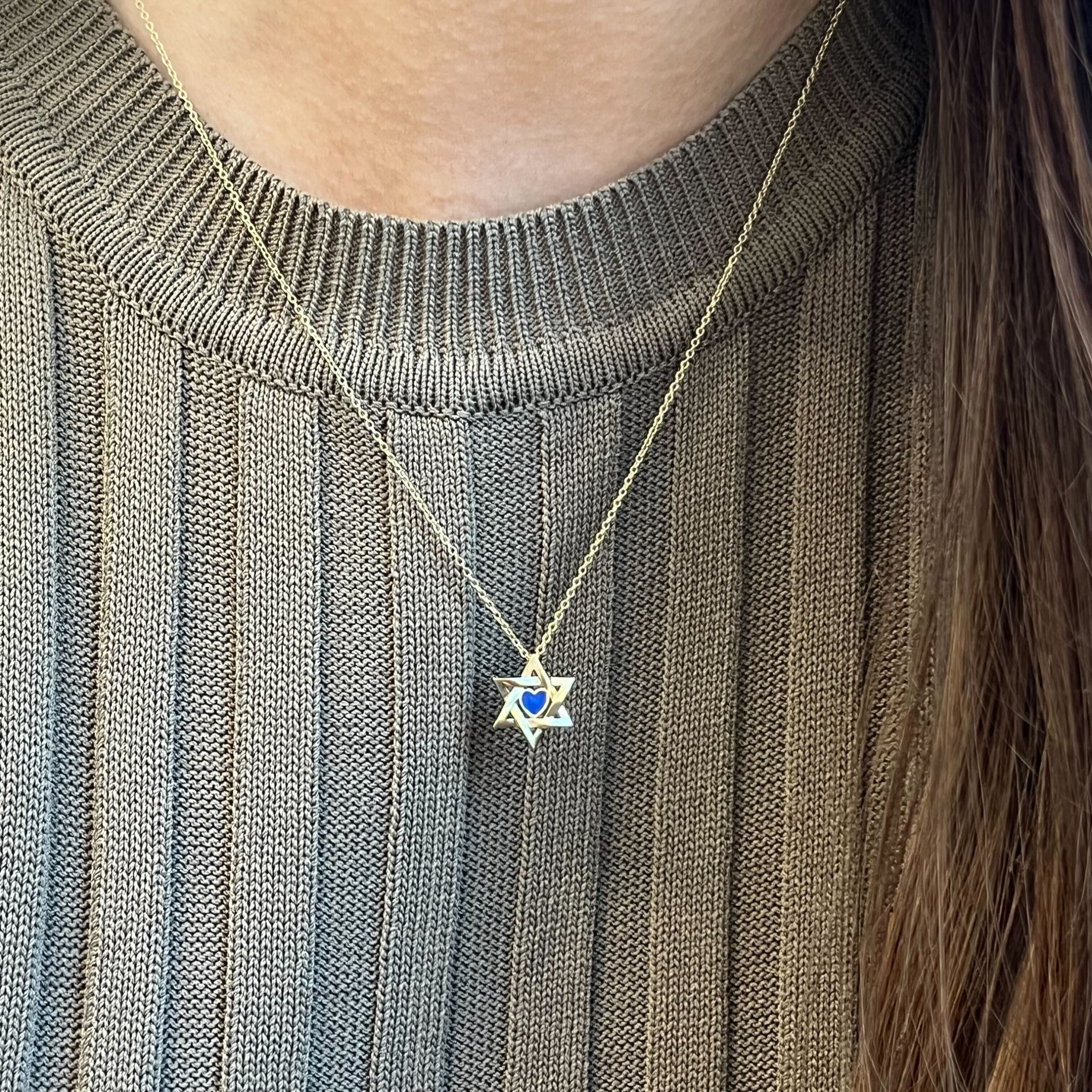 Gold Jewish Star with Enamel Heart Necklace