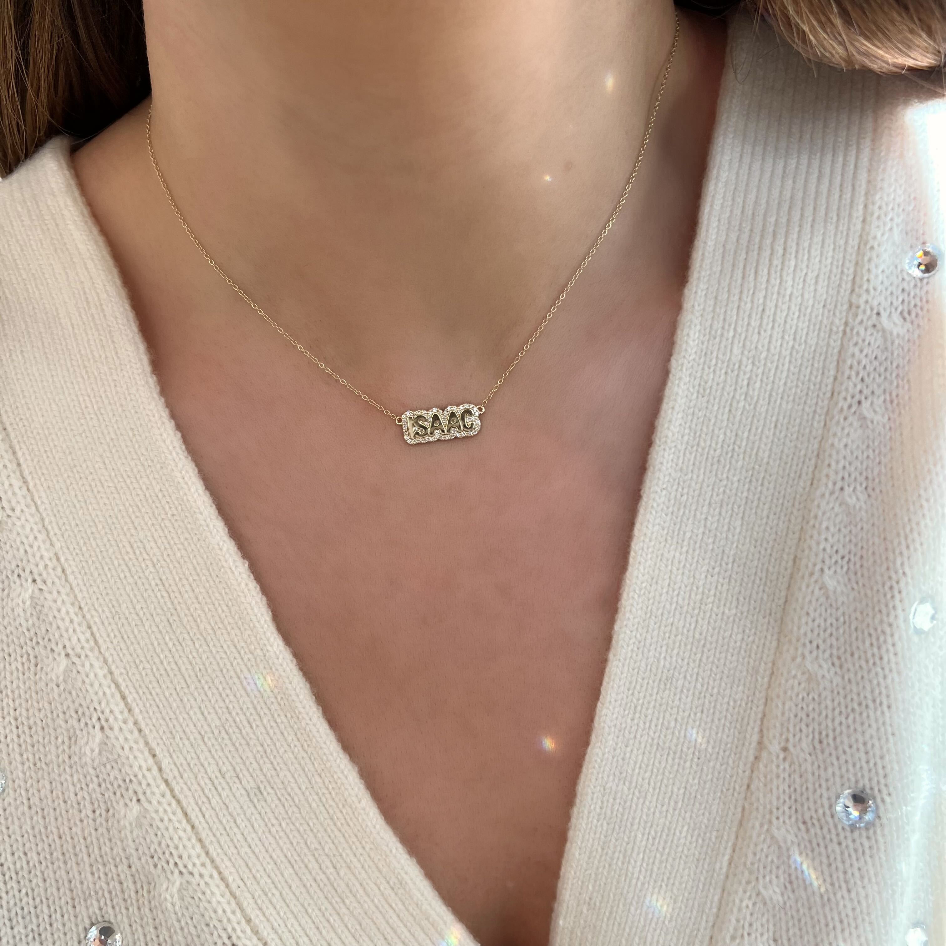 Sterling Silver Extra Small Bubble Name with Pave Outline Necklace