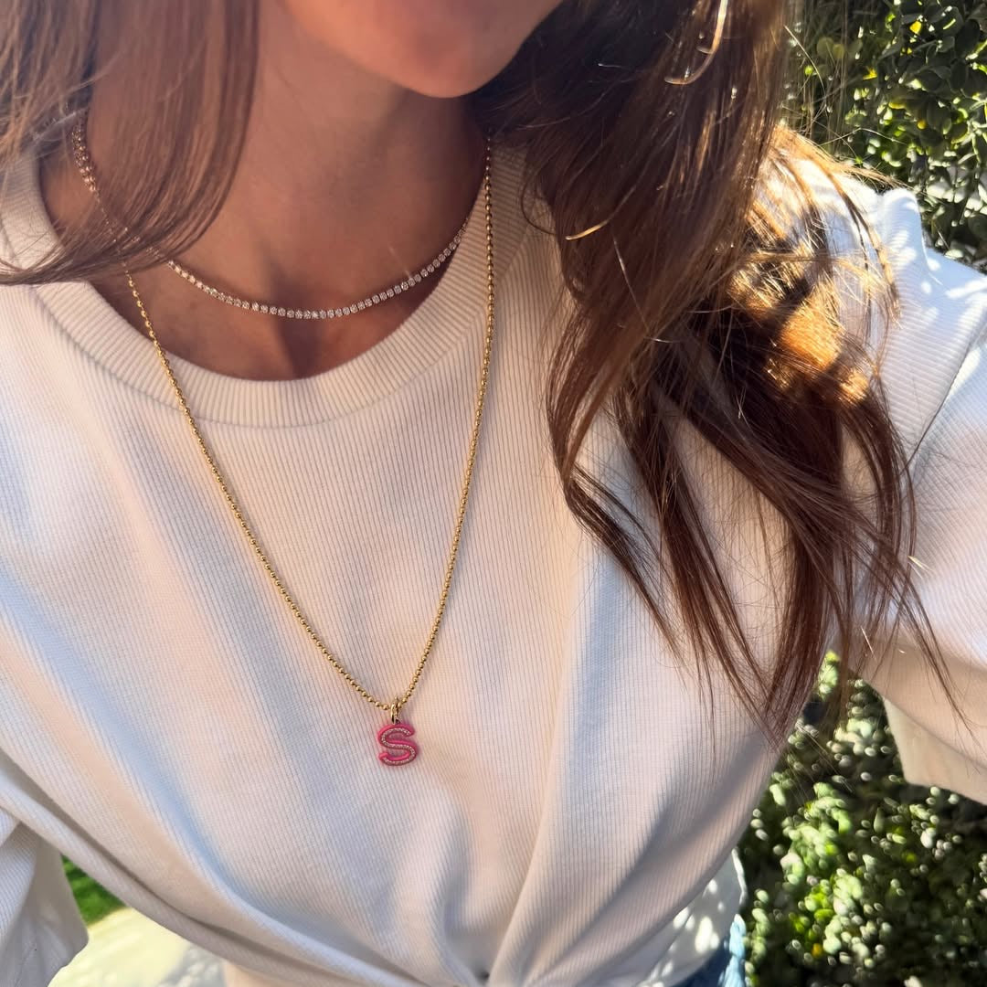 Poppy Pink Enamel Pave "S" Initial Charm