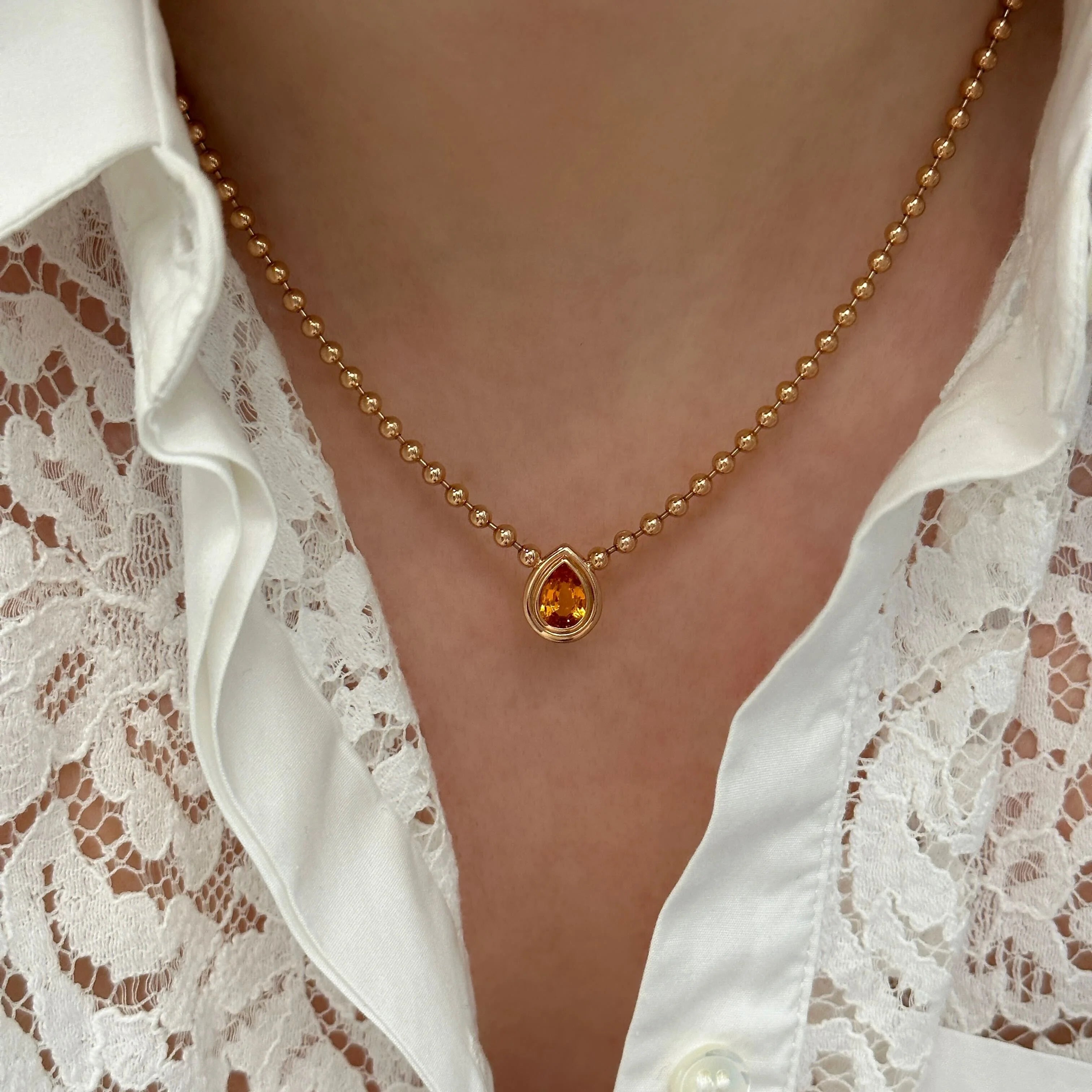 Double Bubble Pear Shape Mandarine Garnet Bezel Necklace