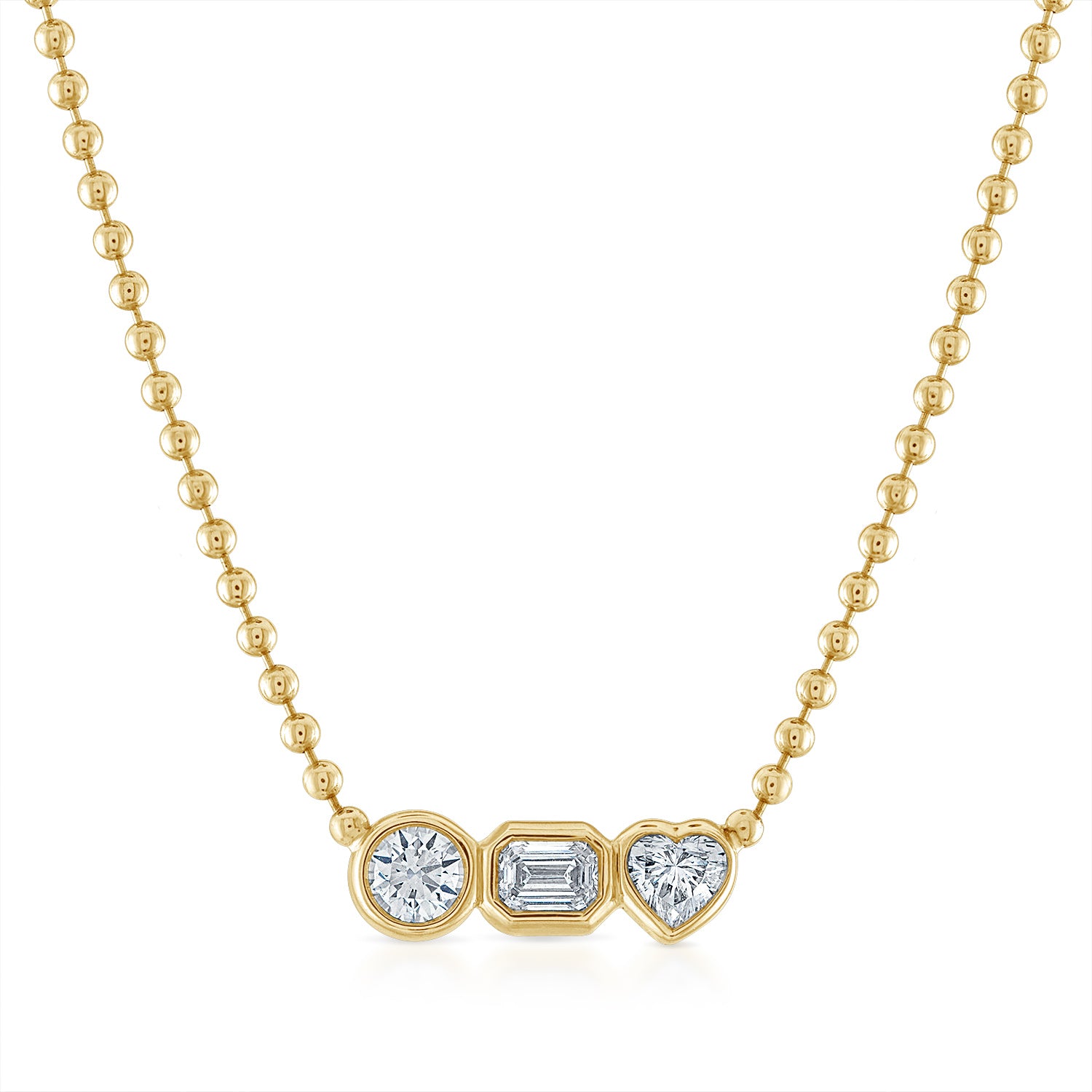 Fancy Bezel Three Stone Bezel Round Emerald Heart Cut Diamond Necklace