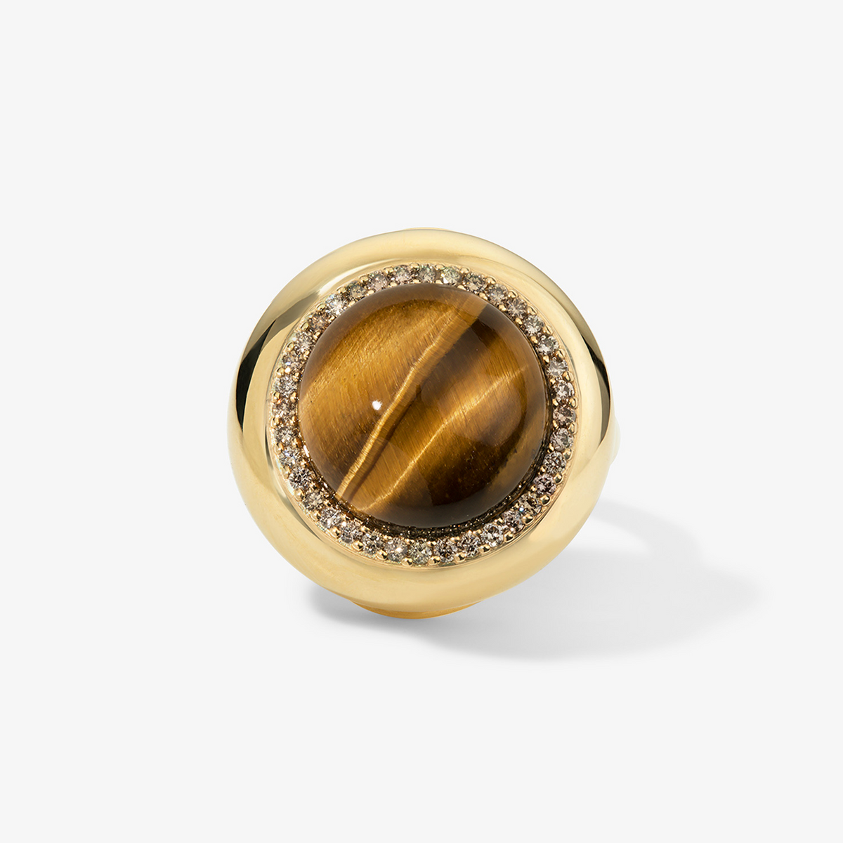 Large Tigers Eye Candy Button Ring 14K Yellow Gold