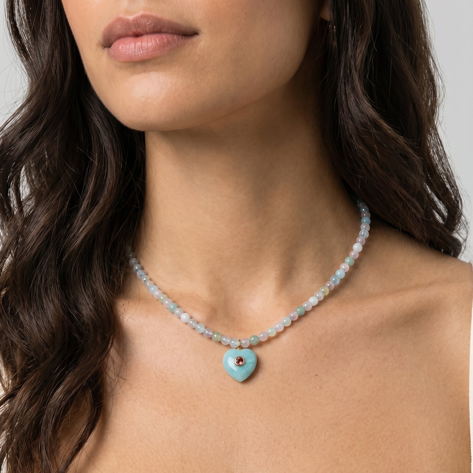Kendall Aquamarine Beaded Necklace with Amazonite Heart Charm