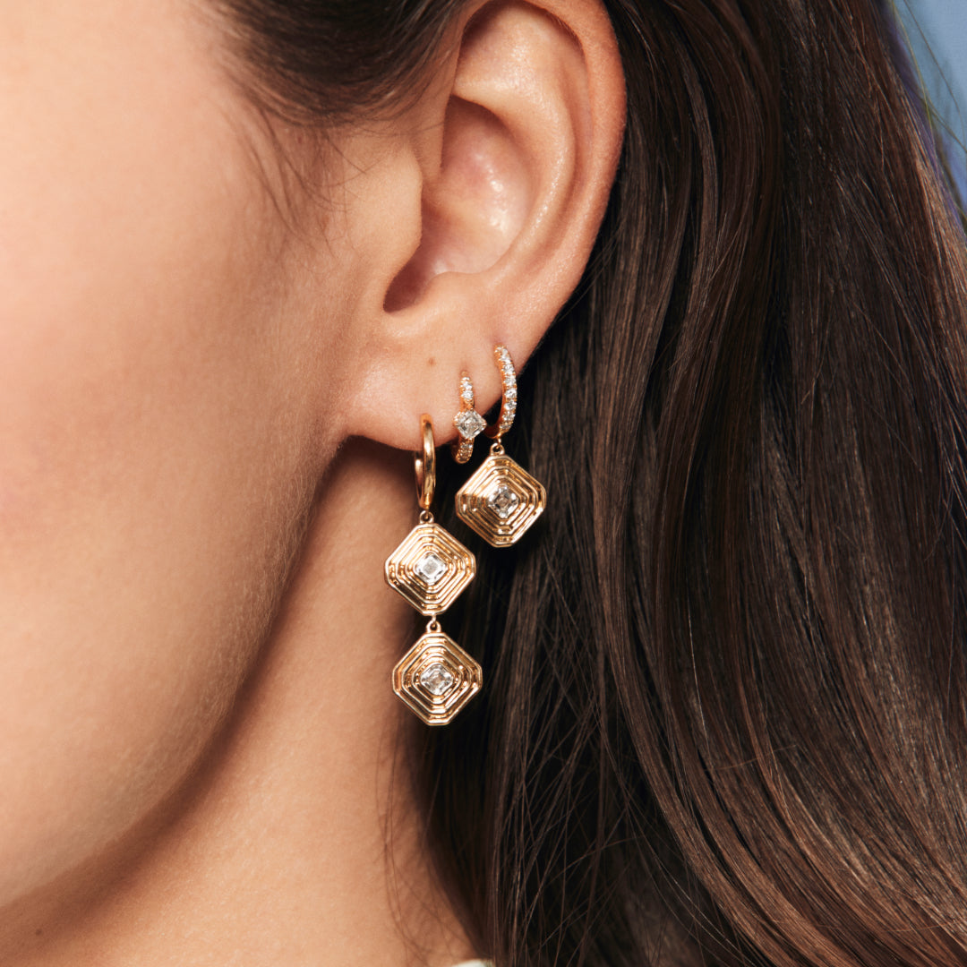 Gold and Diamond Asscher Single Drop Huggie Earrings