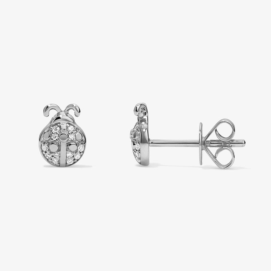Mini Token Pave Ladybug Studs 14K White Gold Pair