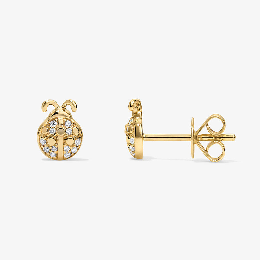 Mini Token Pave Ladybug Studs 14K Yellow Gold Pair