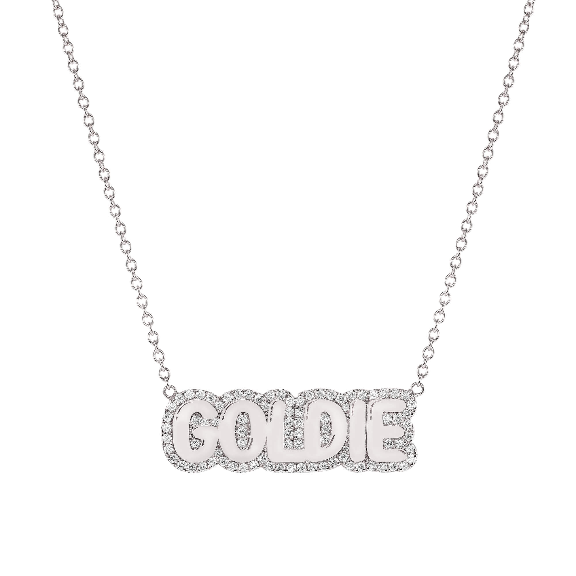 Sterling Silver Large Bubble Name with Pave Outline Necklace