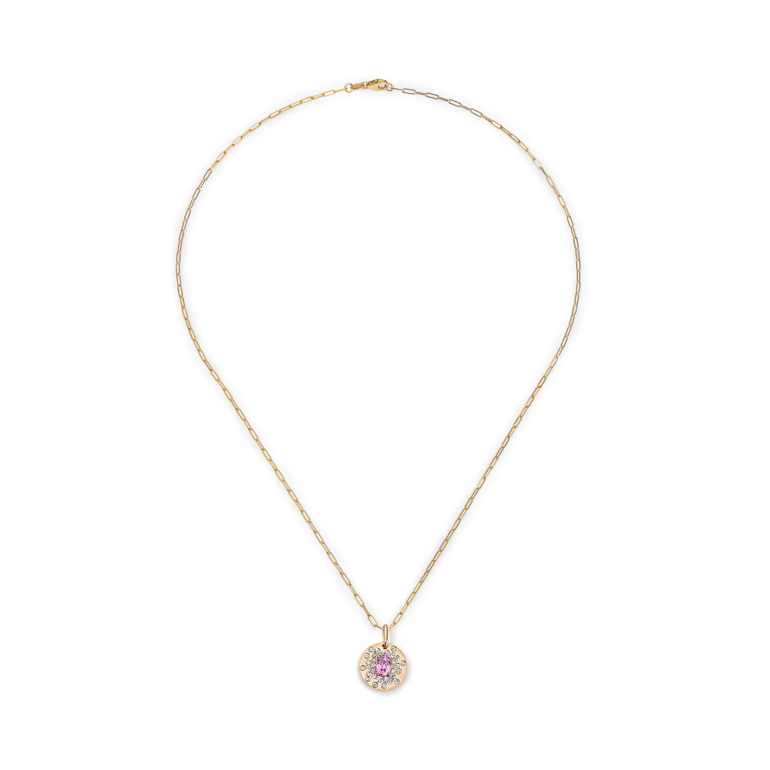 Pink Sapphire with Scattered Diamonds Disc Necklace