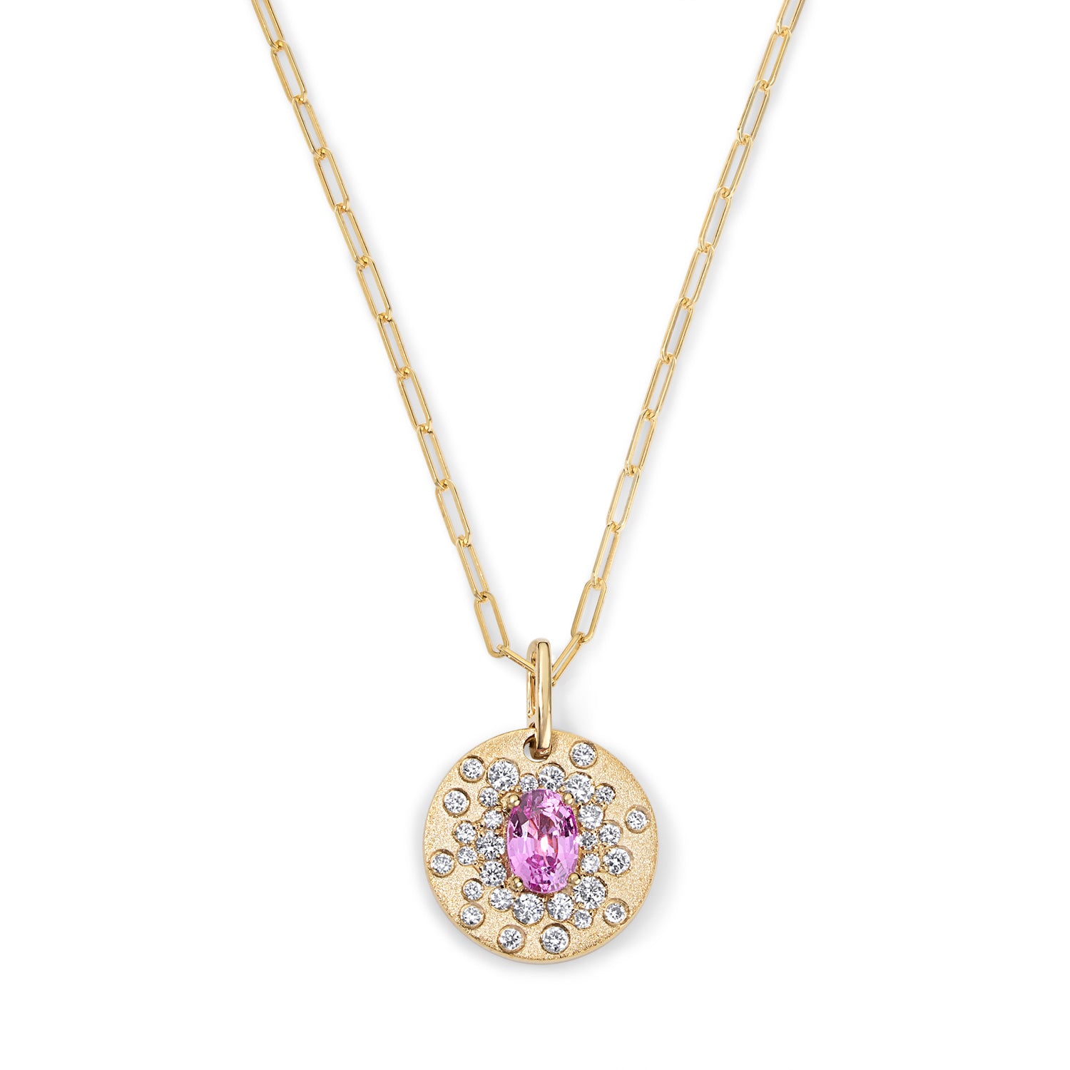 Pink Sapphire with Scattered Diamonds Disc Necklace